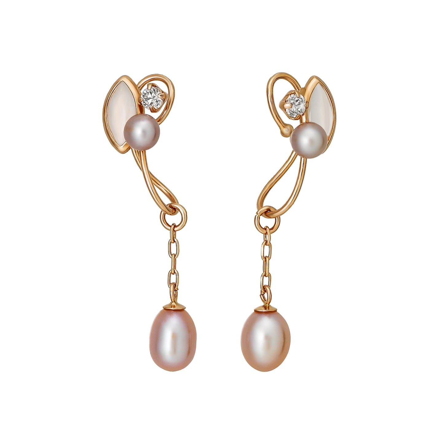 [Airy Clip-On Earrings] 10K Freshwater Pearl Swinging Earrings (Rose Gold) - Product Image