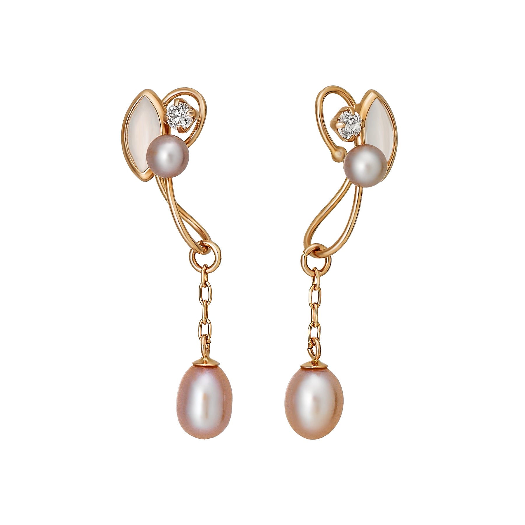 [Airy Clip-On Earrings] 10K Freshwater Pearl Swinging Earrings (Rose Gold) - Product Image