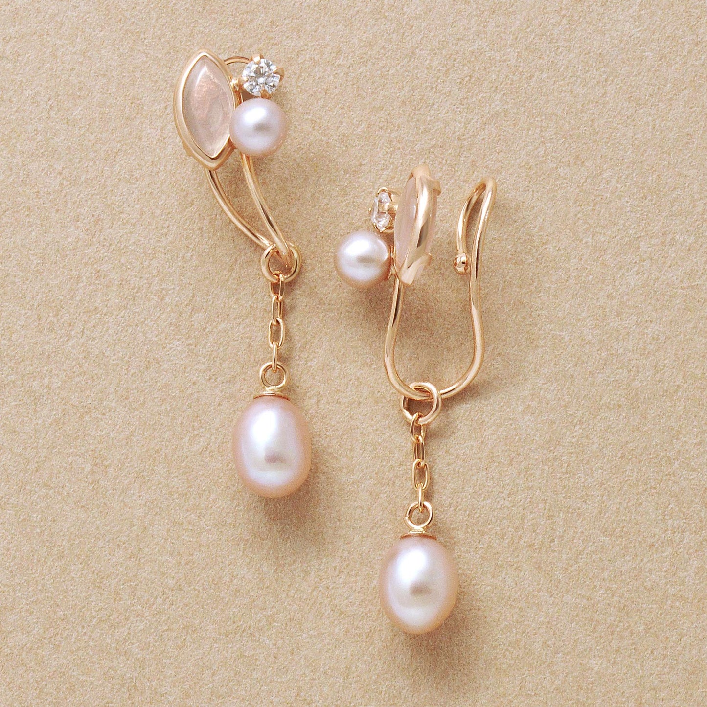 [Airy Clip-On Earrings] 10K Freshwater Pearl Swinging Earrings (Rose Gold) - Product Image