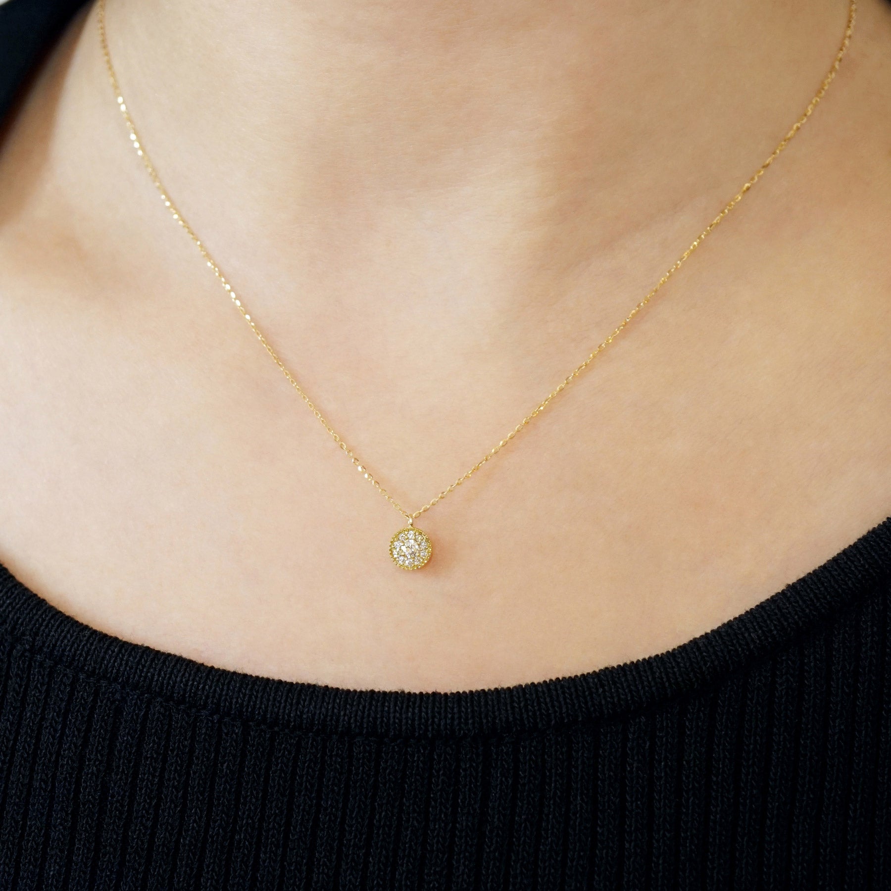 18K Diamond Milgrain Edge Necklace (Yellow Gold) - Model Image