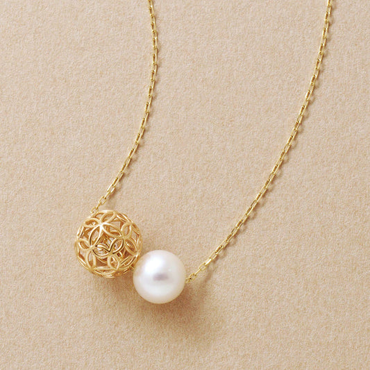 [Pannier] 10K Akoya Pearl Flower Pattern Necklace (Yellow Gold) - Product Image
