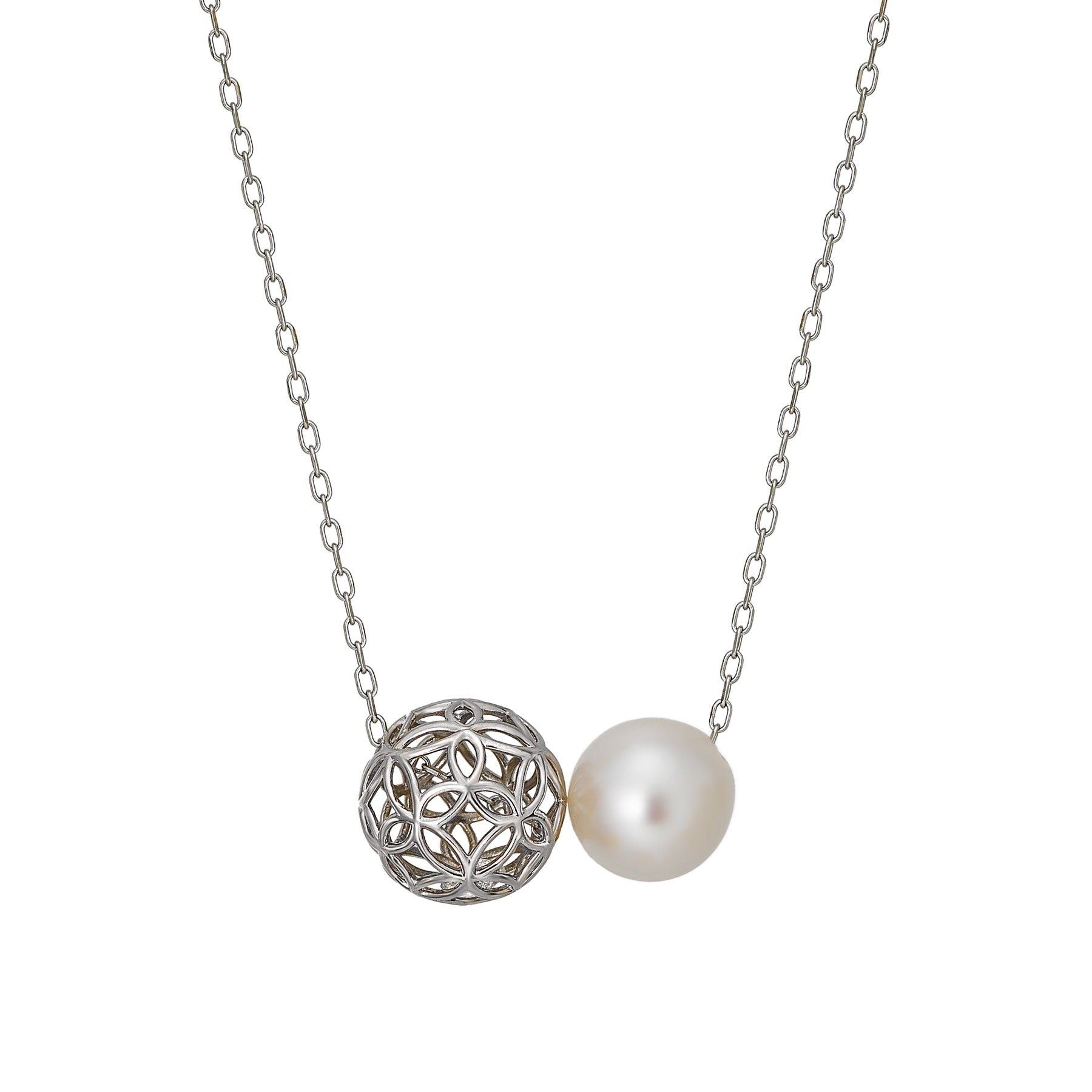 [Pannier] 10K Akoya Pearl Flower Pattern Necklace (White Gold) - Product Image