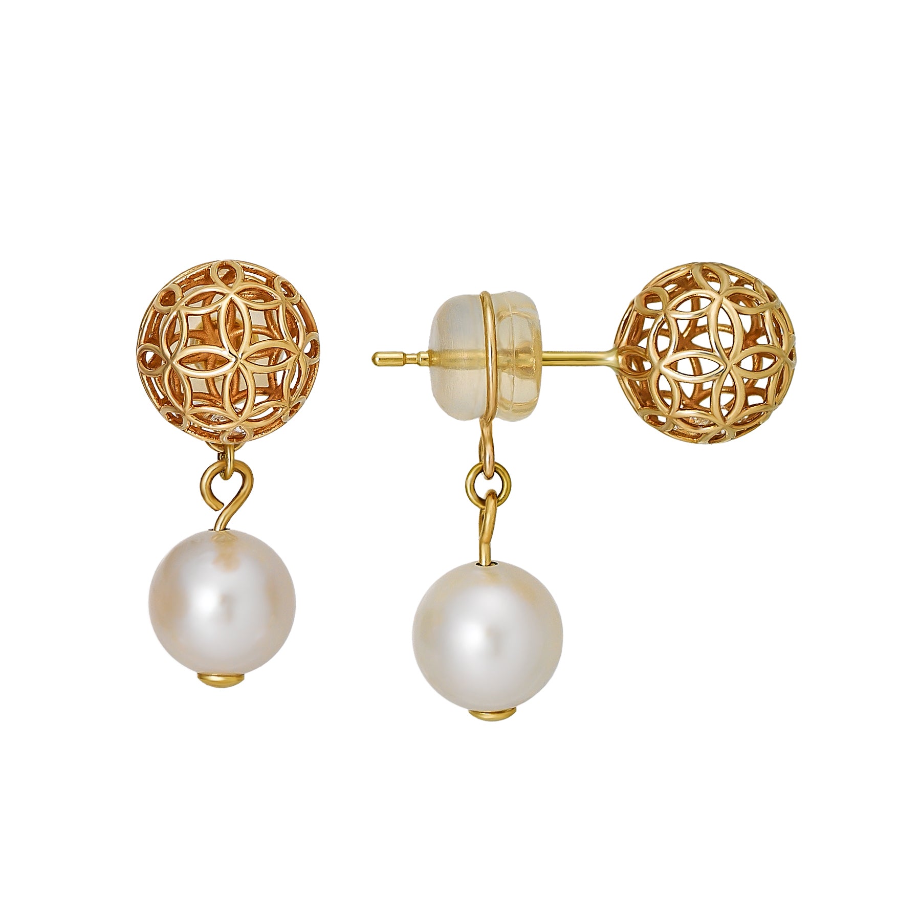 [Pannier] 18K/10K Akoya Pearl Flower Pattern Earrings (Yellow Gold) - Product Image