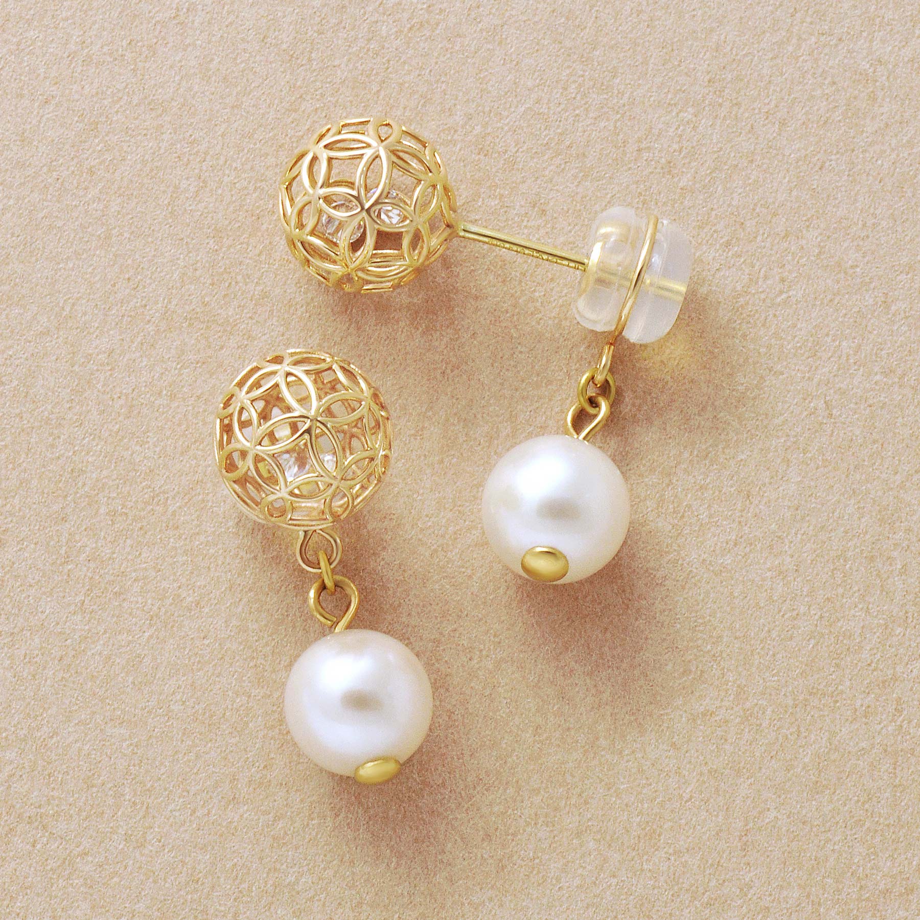 [Pannier] 18K/10K Akoya Pearl Flower Pattern Earrings (Yellow Gold) - Product Image