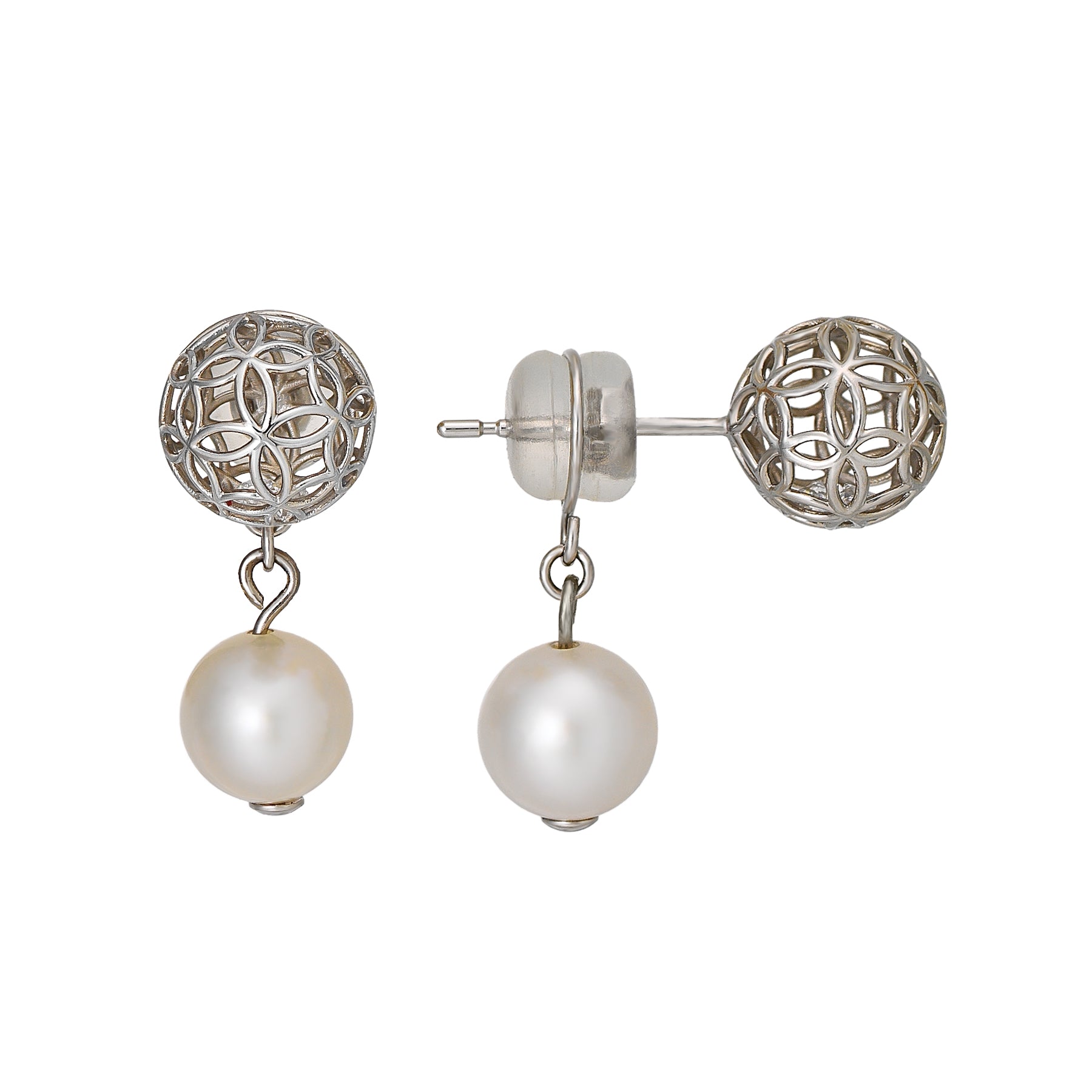 [Pannier] 14K/10K Akoya Pearl Flower Pattern Earrings (White Gold) - Product Image