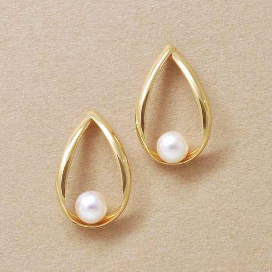 18K/10K Akoya Pearl Drop Frame Earrings (Yellow Gold) - Product Image