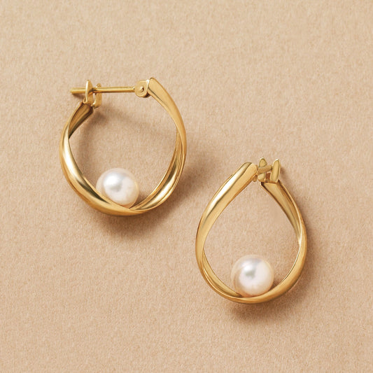 18K/10K Akoya Pearl Twisted Hoop Earrings (Small) (Yellow Gold) - Product Image