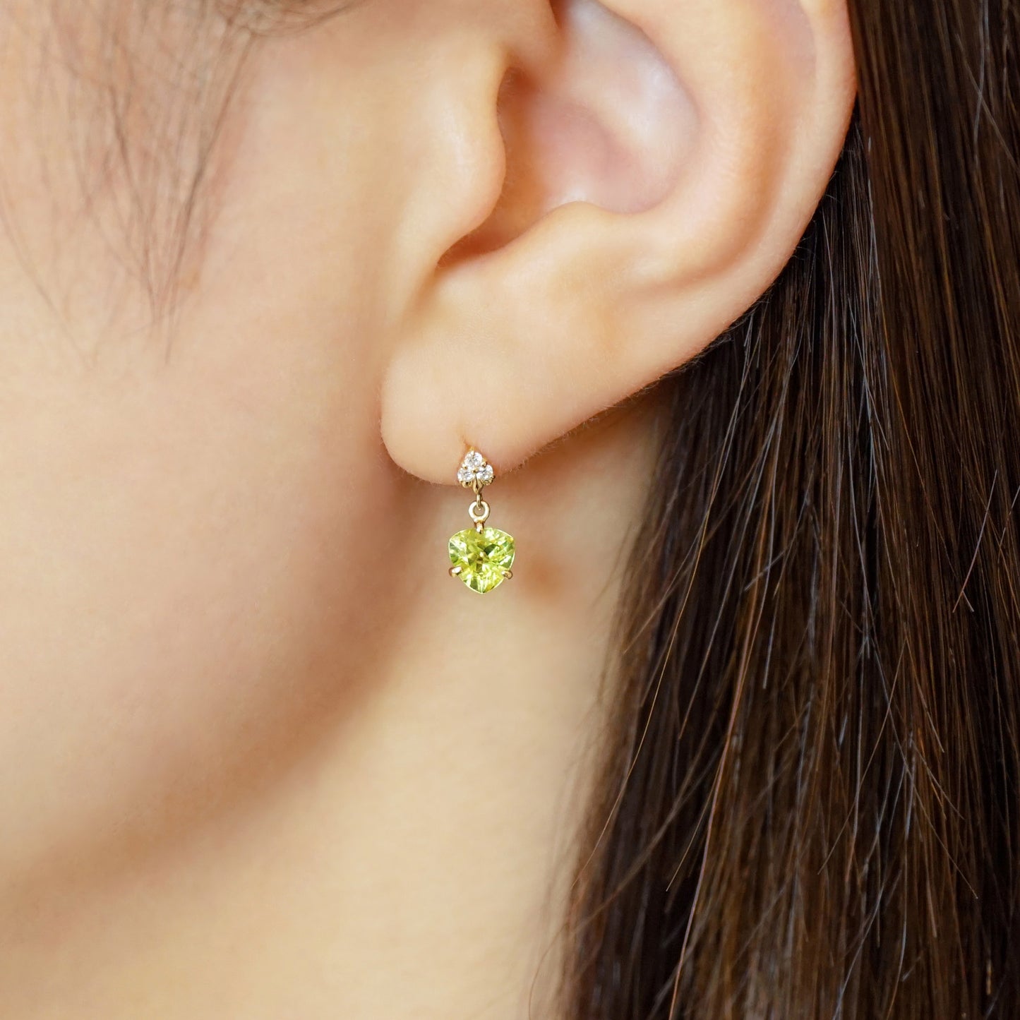 18K/10K Trilliant Peridot Earrings (Yellow Gold) - Model Image