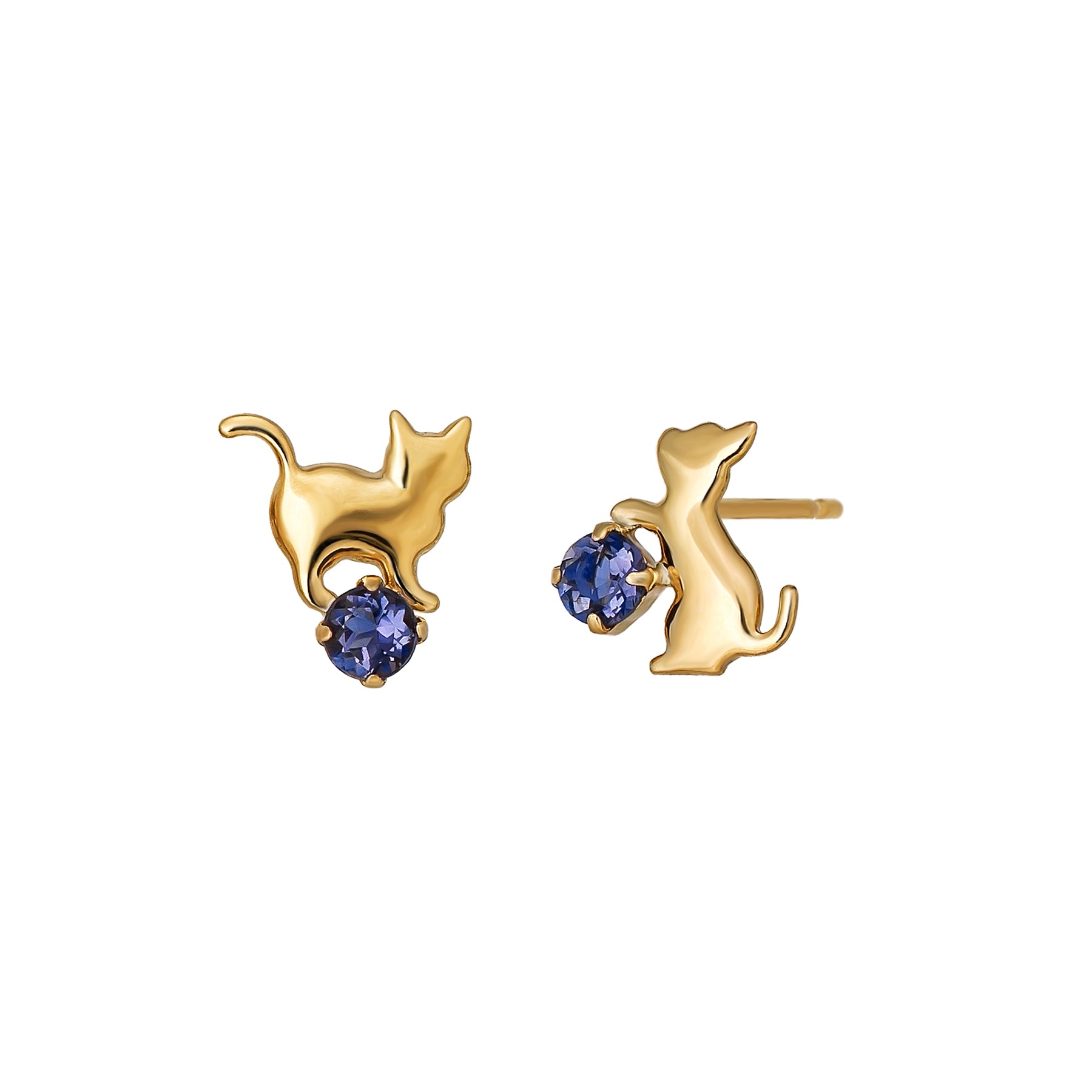 18K/10K Iolite Playful Cat Stud Earrings (Yellow Gold) - Product Image