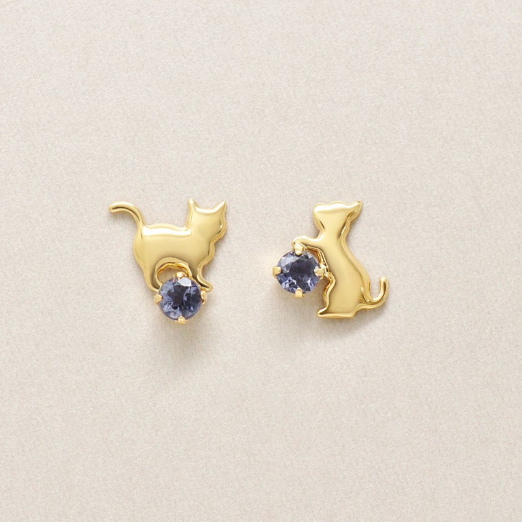 18K/10K Iolite Playful Cat Stud Earrings (Yellow Gold) - Product Image