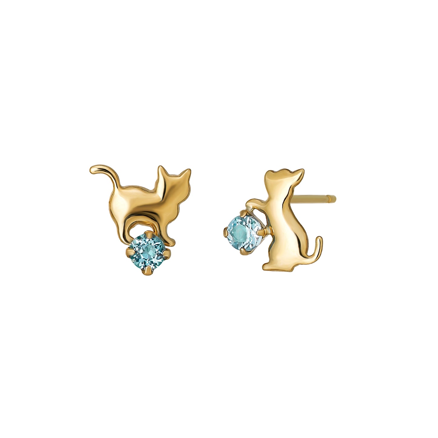 18K/10K Blue Topaz Playful Cat Stud Earrings (Yellow Gold) - Product Image