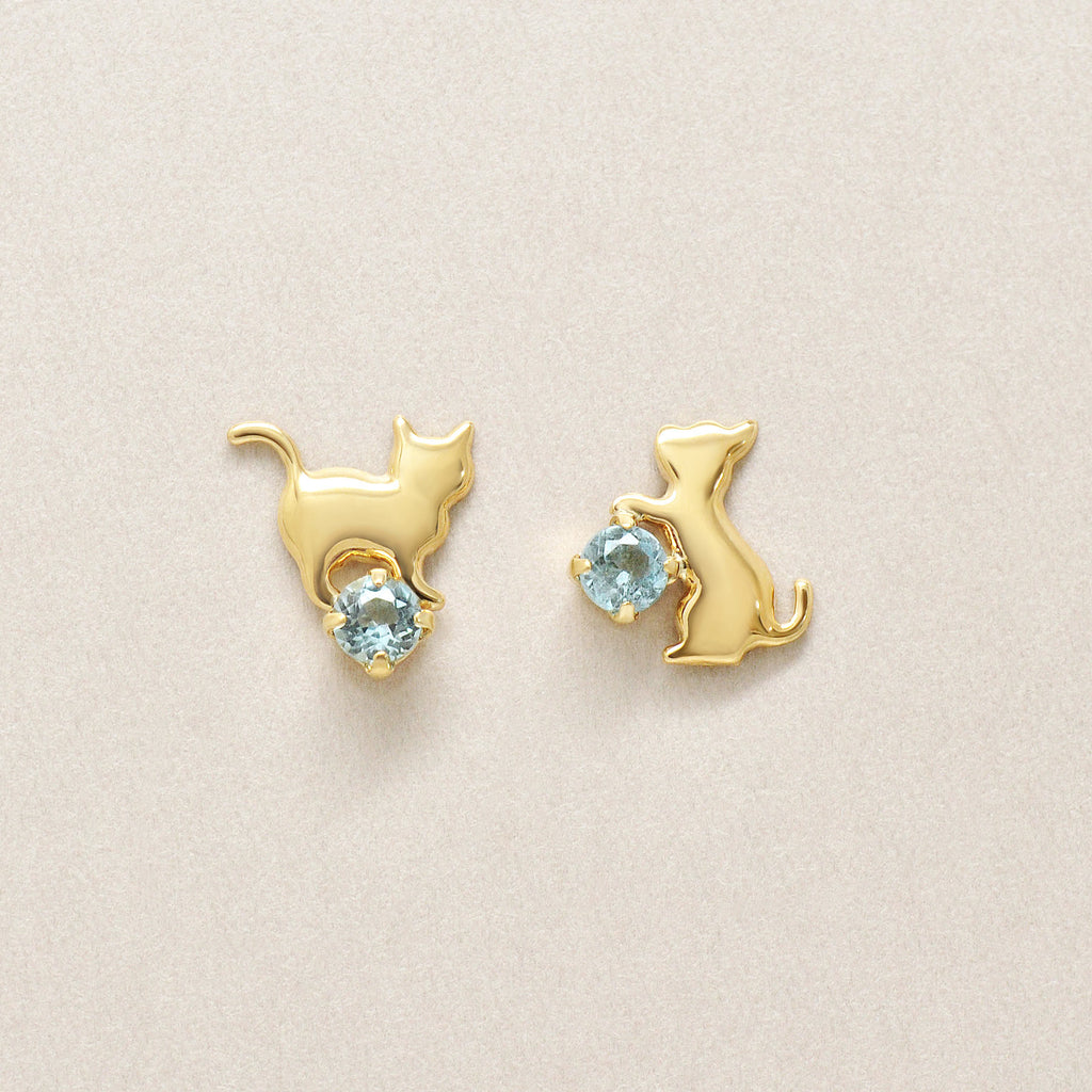 18K/10K Blue Topaz Playful Cat Stud Earrings (Yellow Gold) - Product Image