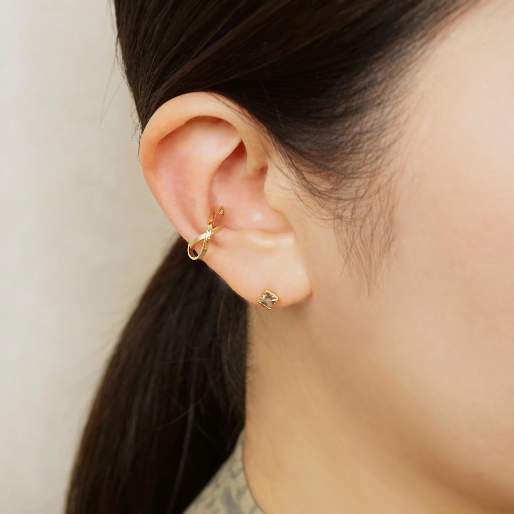 10K Yellow Gold Bi-Textured Ear Cuff - Model Image