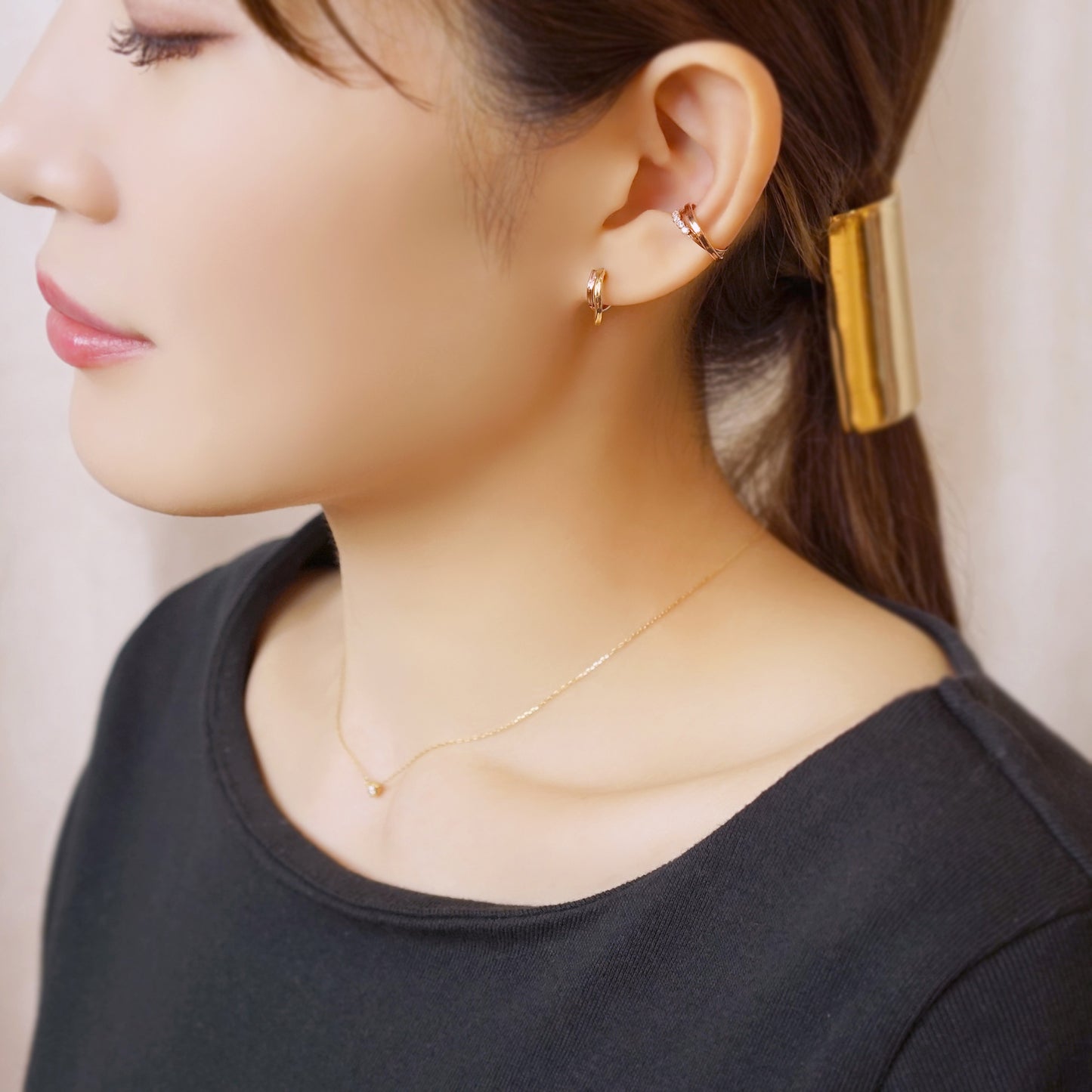 10K Rose Gold Glittering Ear Cuff - Model Image