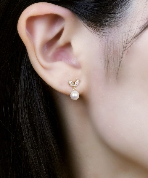 10K Yellow Gold Marquise Pearl Earrings - Model Image