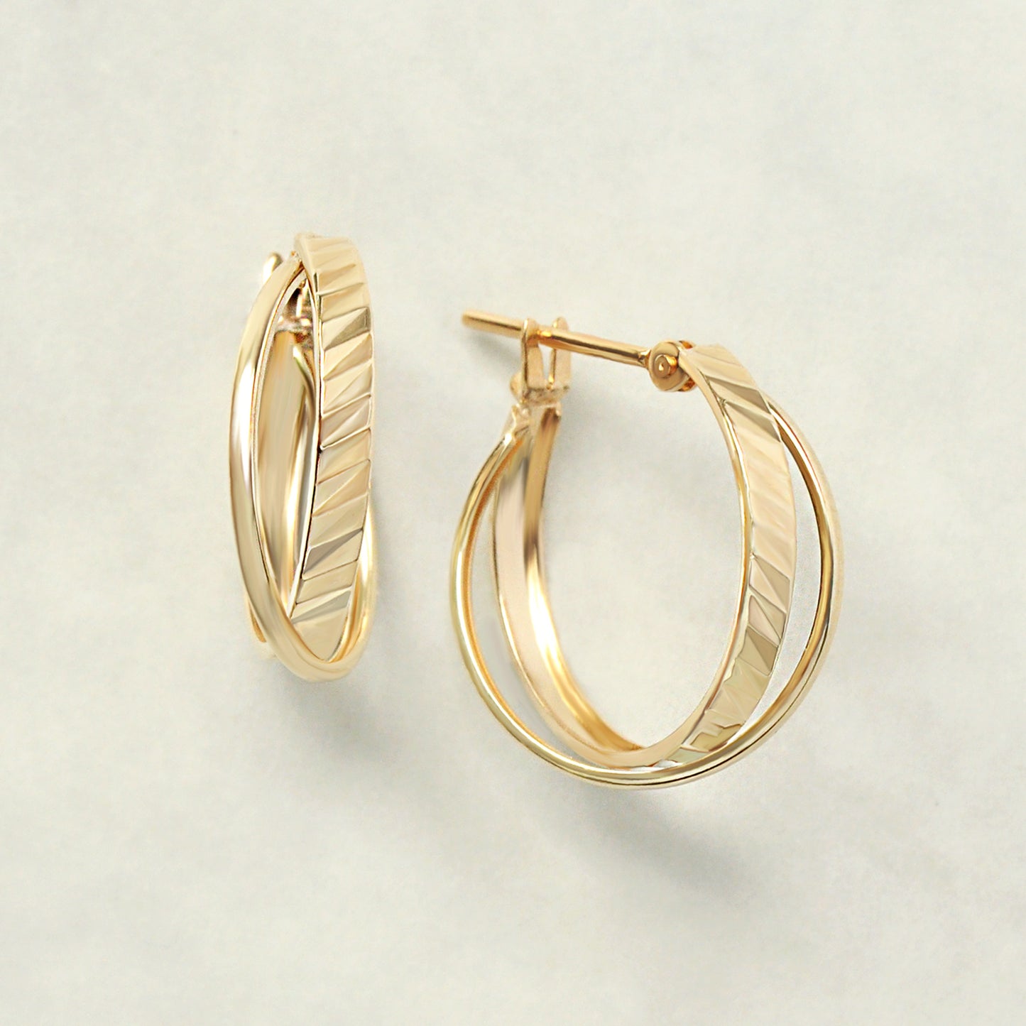 18K/10K Yellow Gold Diagonal Cut Mixed Hoop Earrings - Product Image