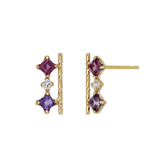 18K/10K Yellow Gold Rhodolite Garnet 3-Stone Bar Earrings - Product Image