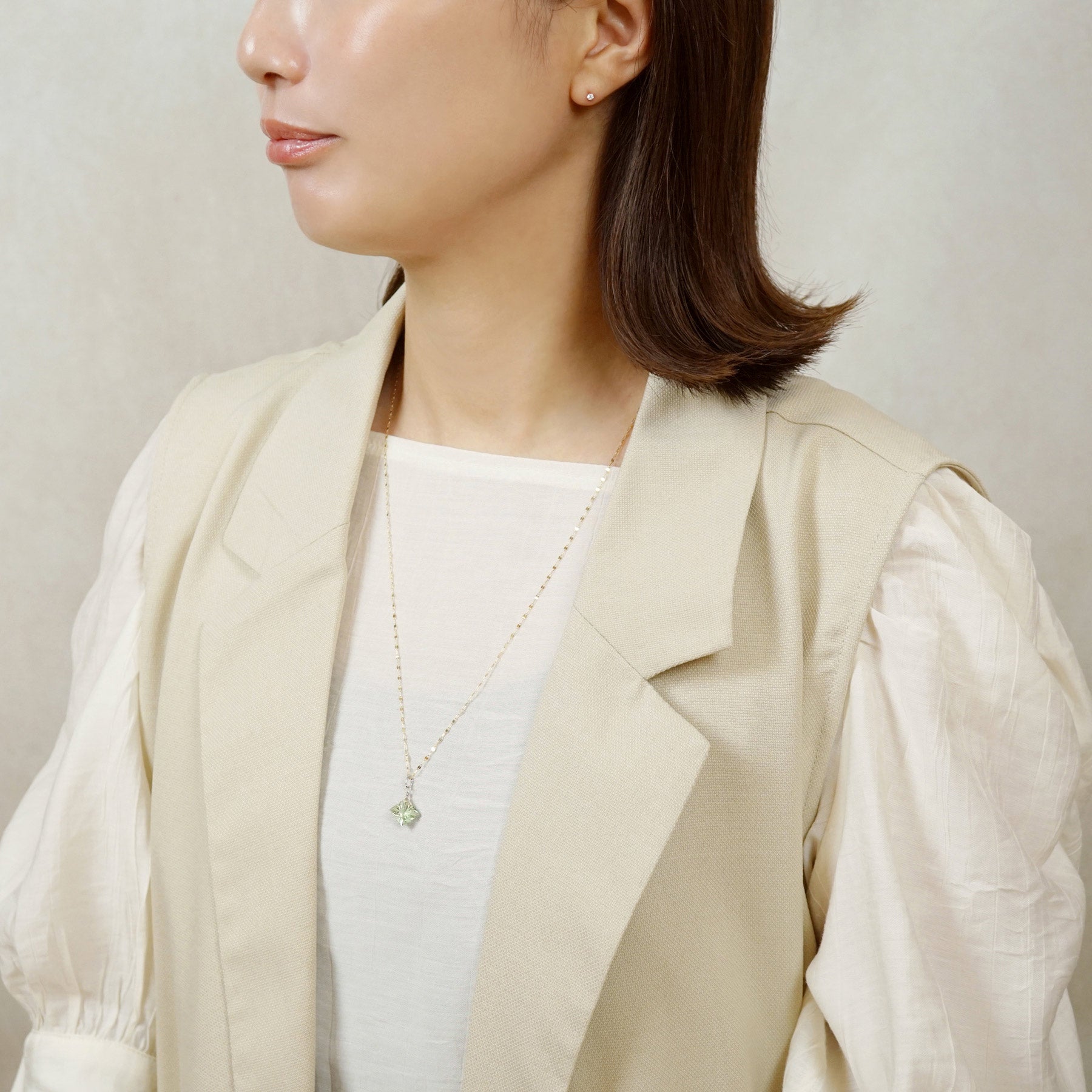10K Green Quartz Necklace Charm (White Gold) - Model Image