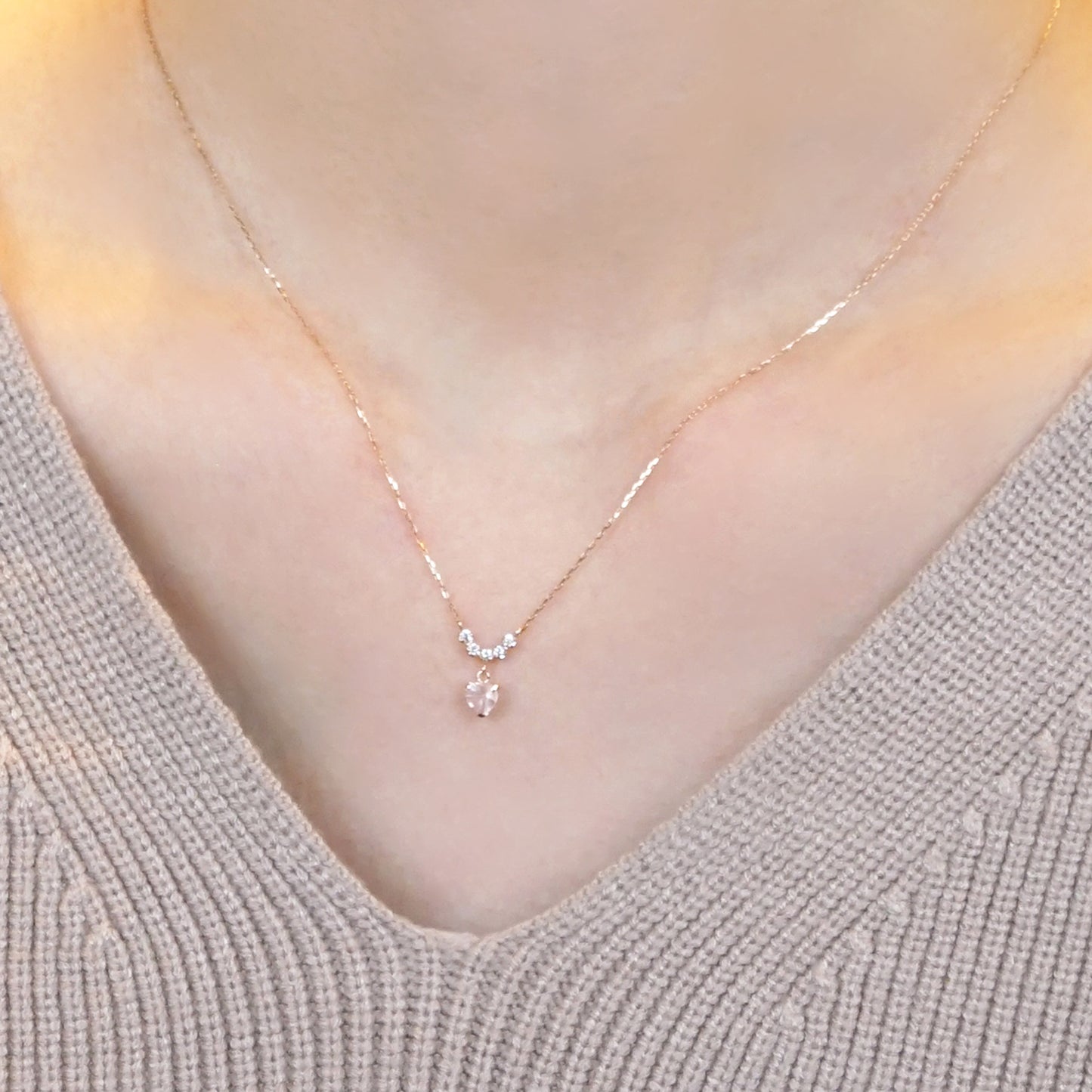 Rose Quartz Heart Necklace (10K Rose Gold) - Model Image