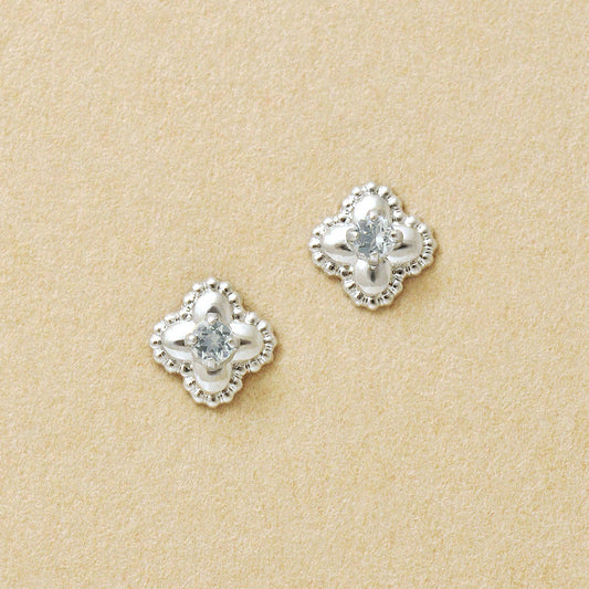 14K/10K Aquamarine Milgrain Flower Stud Earrings (White Gold) - Product Image