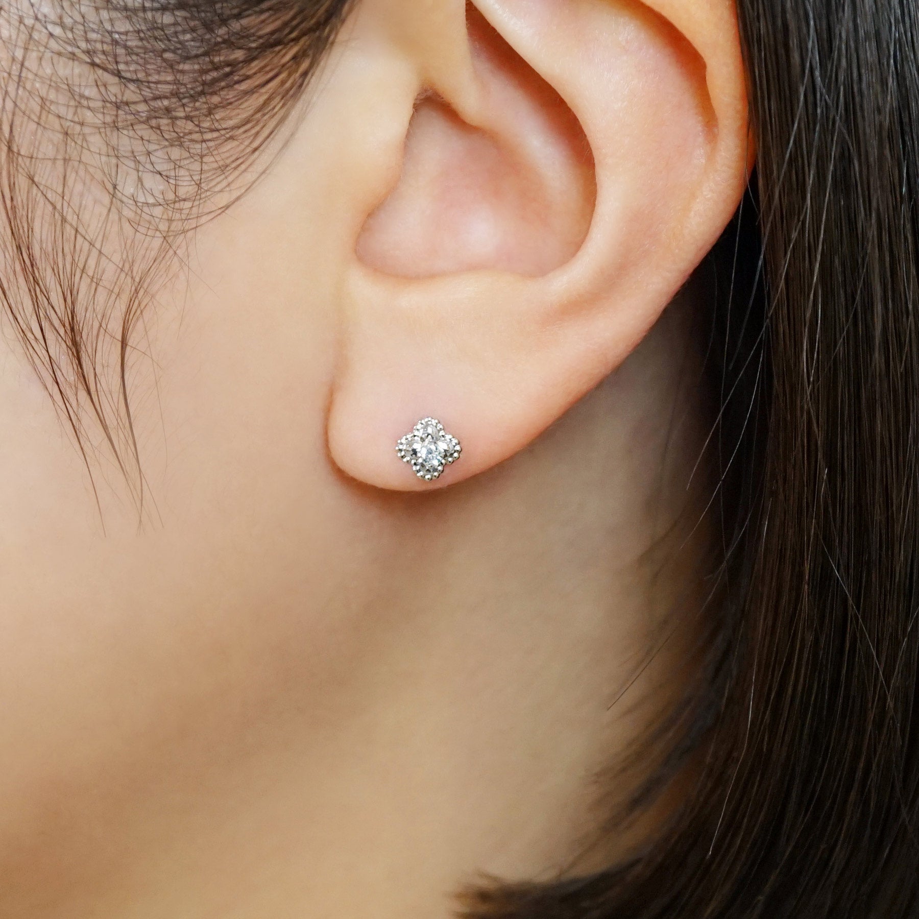 14K/10K Aquamarine Milgrain Flower Stud Earrings (White Gold) - Model Image