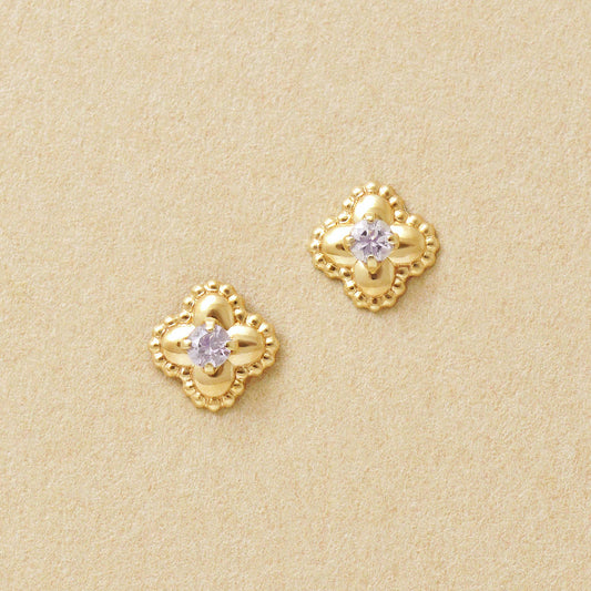 18K/10K Light Amethyst Milgrain Flower Stud Earrings (Yellow Gold) - Product Image