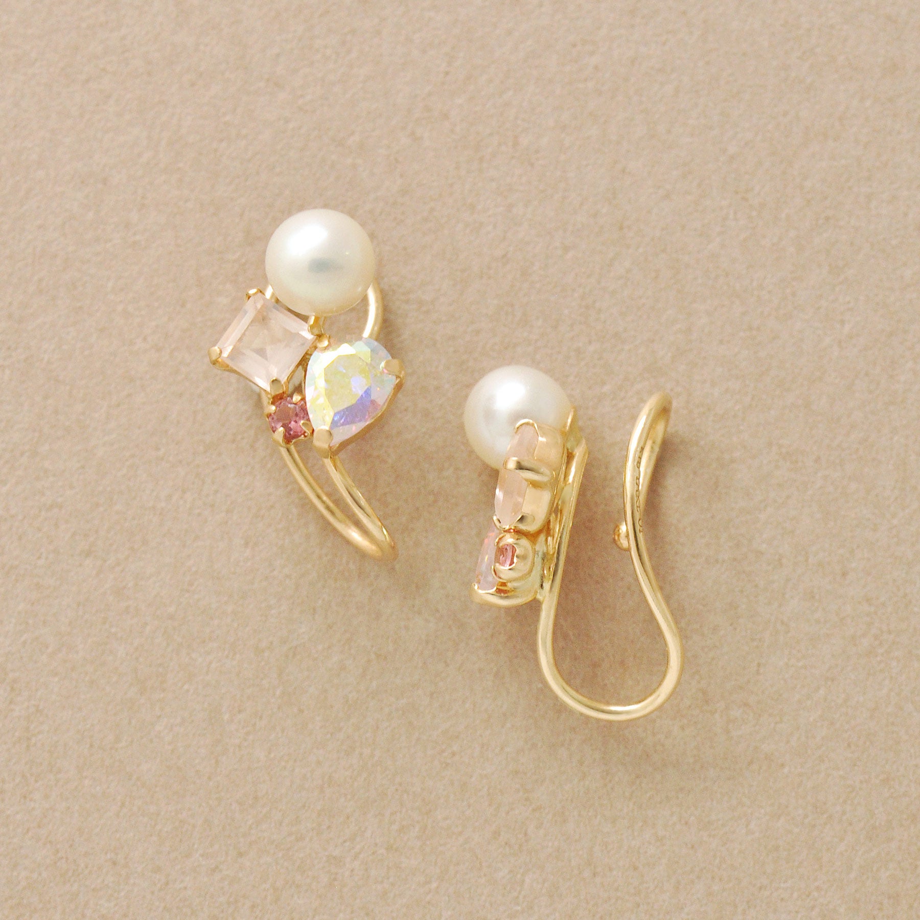 [Airy Clip-On Earrings] 10K Pink Stone Earrings (Yellow Gold) - Product Image