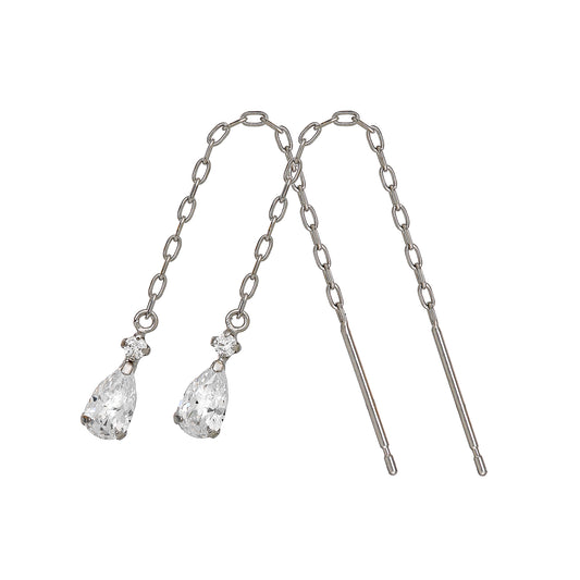 10K Drop Threader Earrings (White Gold) - Product Image