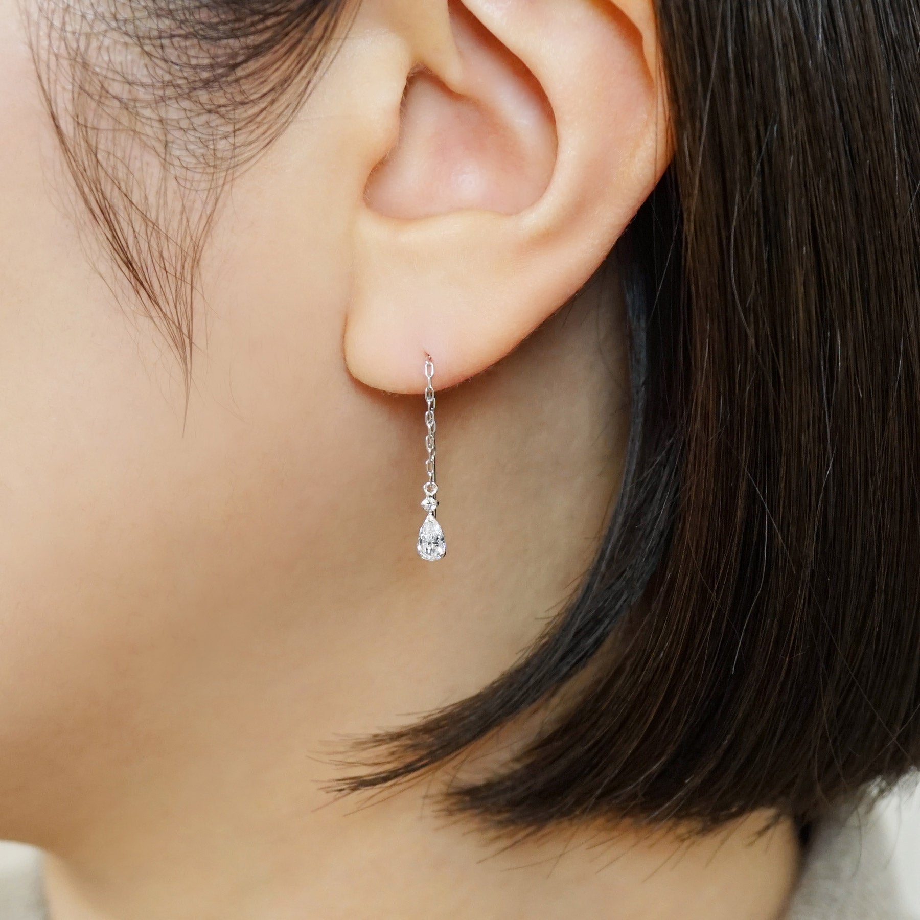 10K Drop Threader Earrings (White Gold) - Model Image