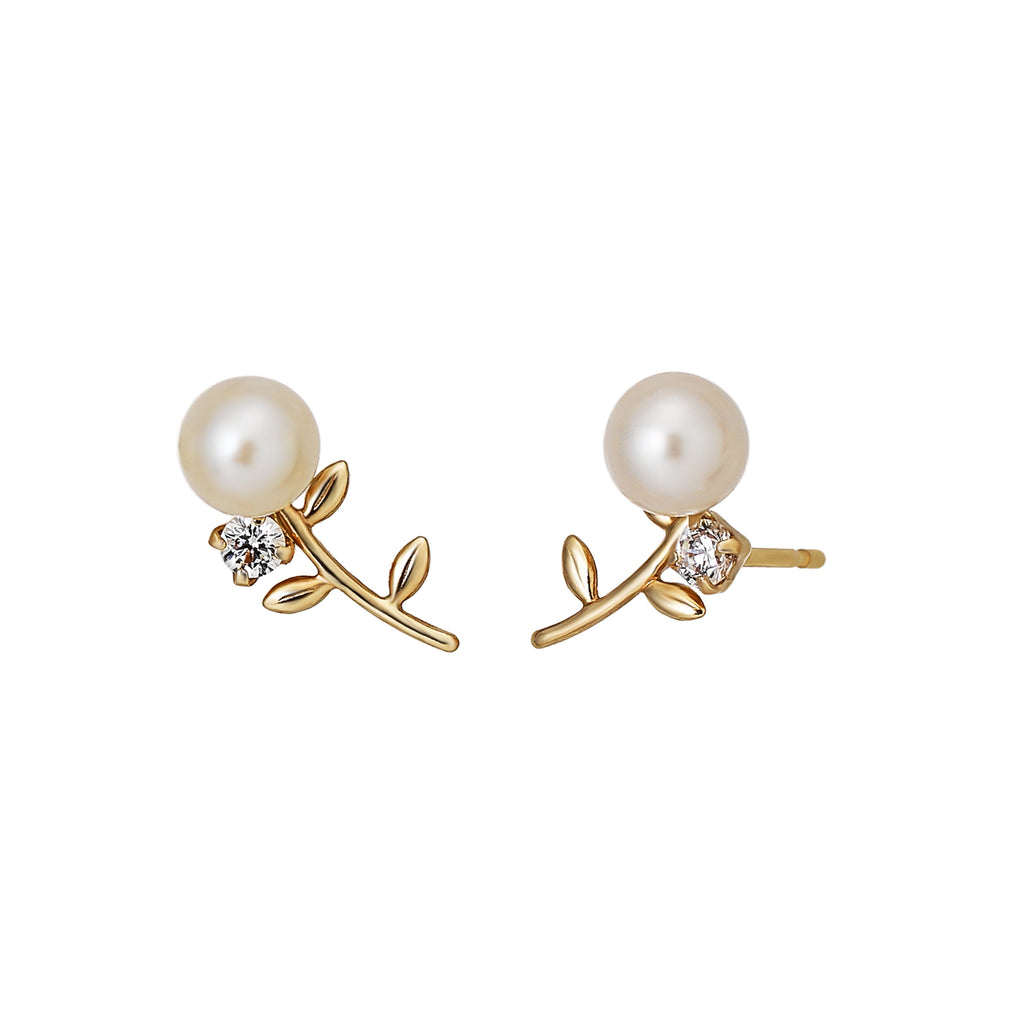 18K/10K Freshwater Pearl Leaves And Branches Stud Earrings (Yellow Gold) - Product Image