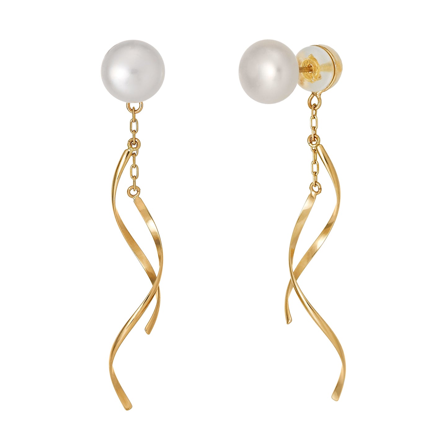 18K/10K Yellow Gold Freshwater Pearl Button & Wave 2Way Earrings - Product Image