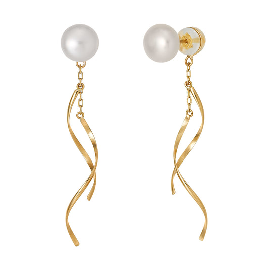 18K/10K Yellow Gold Freshwater Pearl Button & Wave 2Way Earrings - Product Image