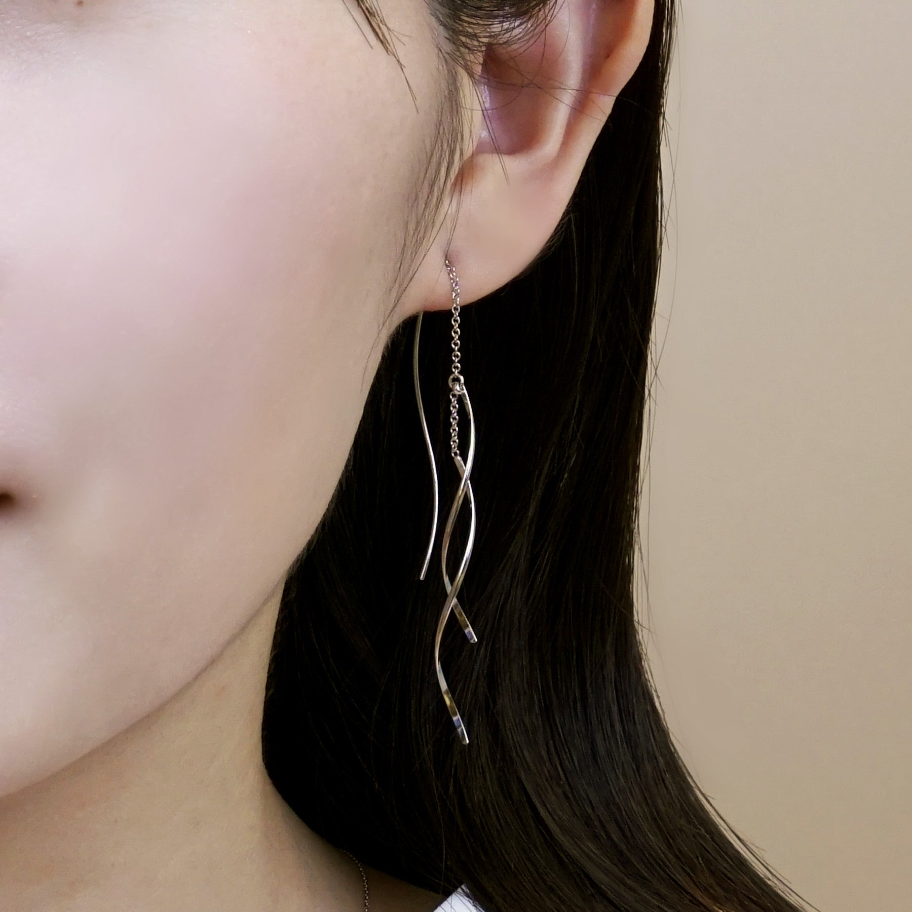 Gold Filled Wave Line Threader Earrings (Platinum Plated) - Model Image