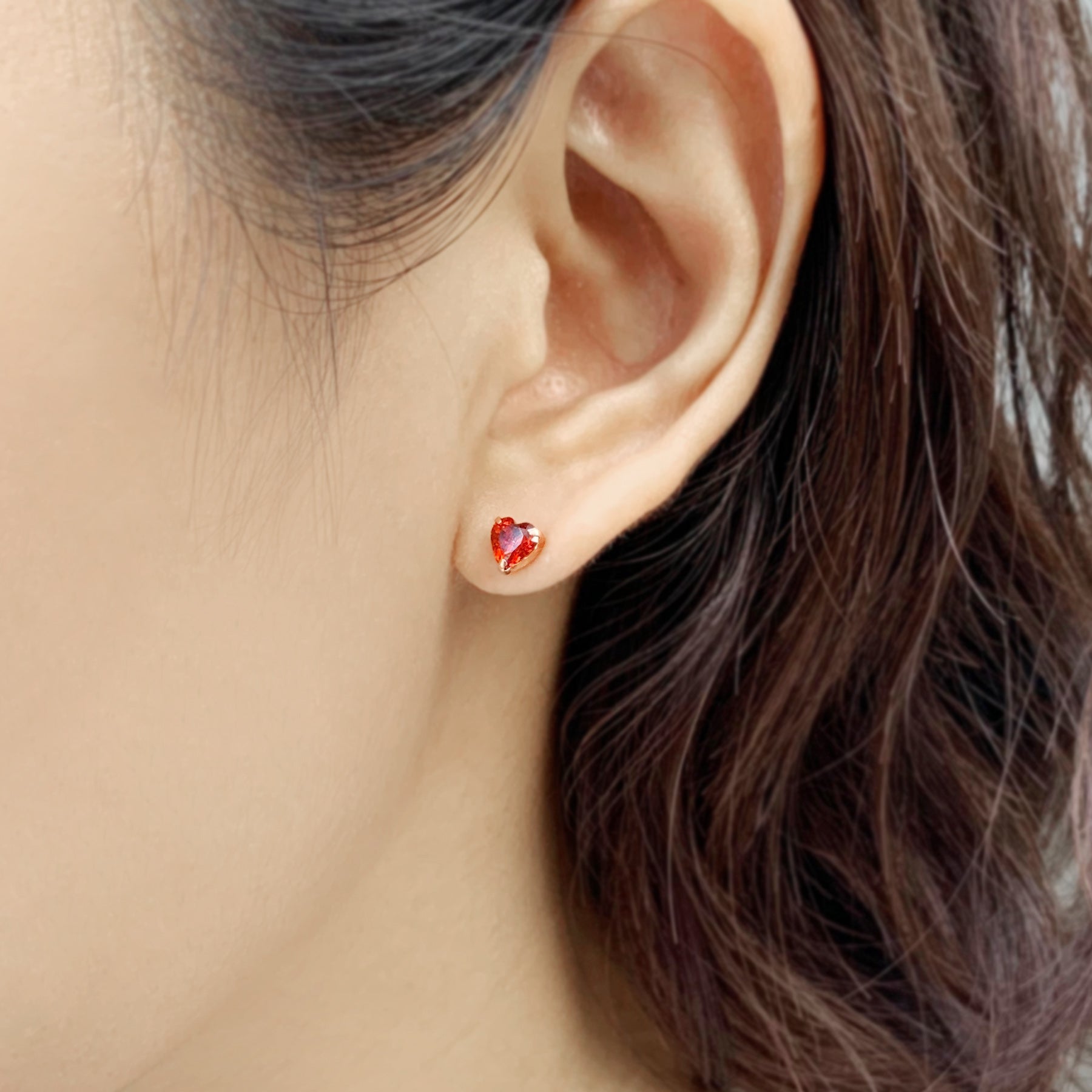 18K / 10K Rose Gold Red Cubic Zirconia Heart Earrings - Model Image