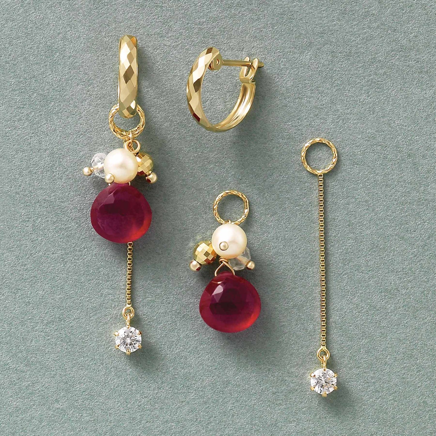[Palette] 18K / 10K Yellow Gold Ruby Charm Set Earrings [Garland] - Product Image