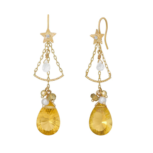 [Palette] 18K / 10K Yellow Gold Champagne Quartz Charm Set Earrings [Ornament] - Product Image