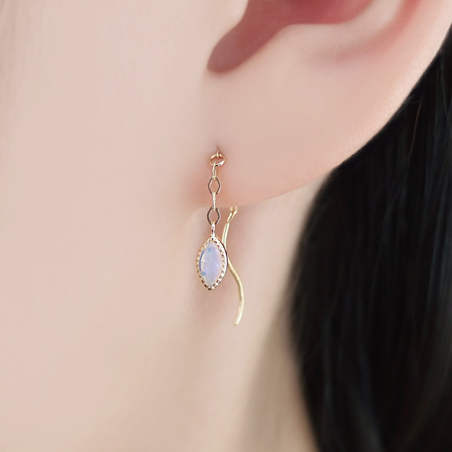 18K / 10K Yellow Gold Opal Threader Earrings - Model Image