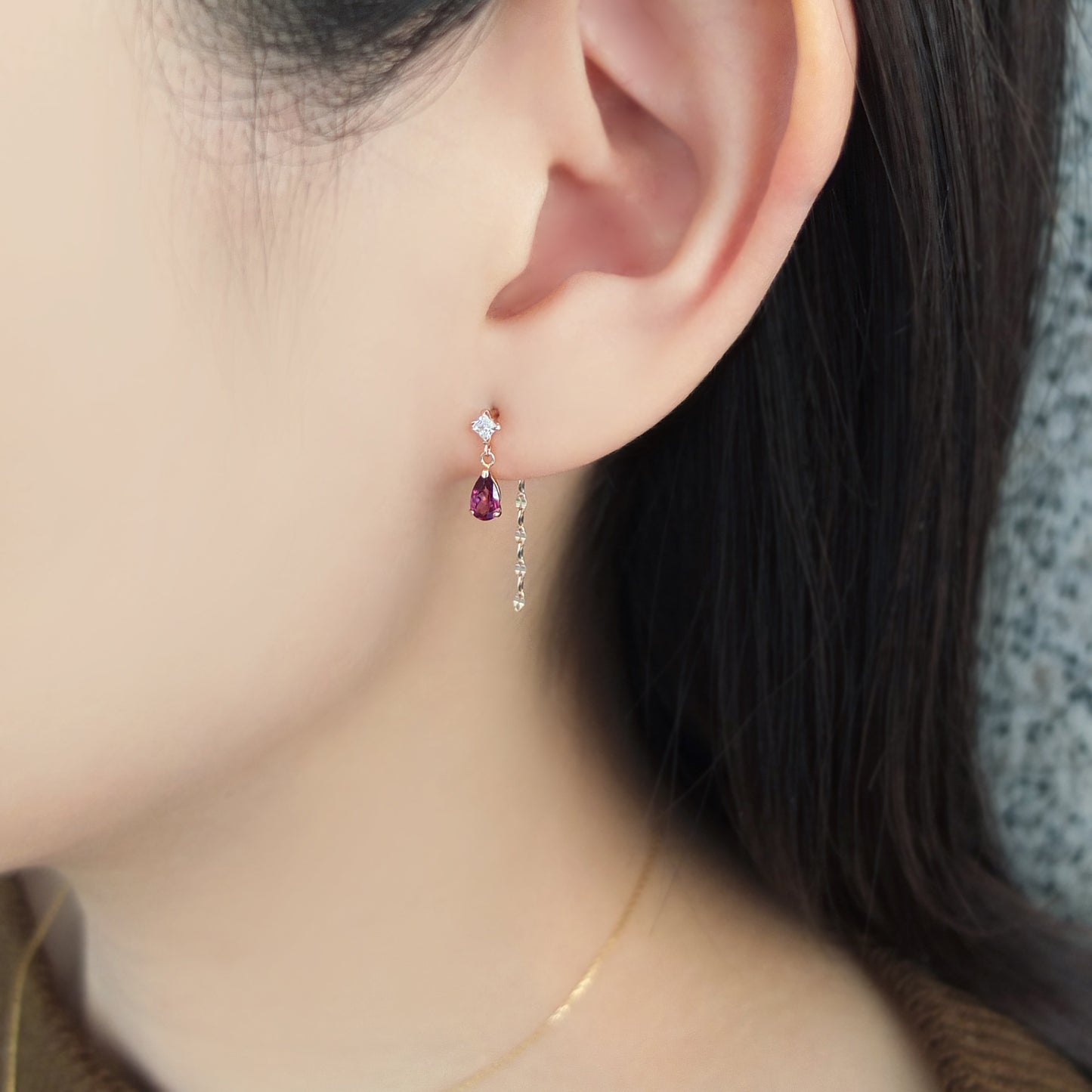 18K / 10K Rose Gold Rhodolite Garnet Drop 2Way Earrings - Model Image