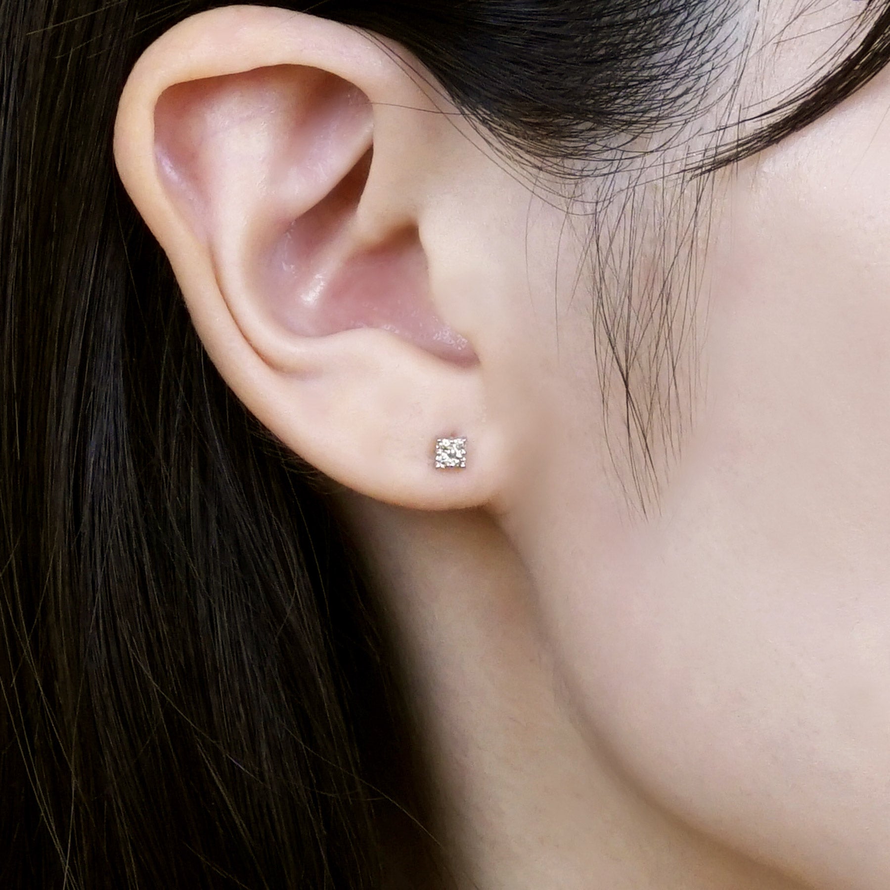 14K White Gold Diamond Square Earrings - Model Image